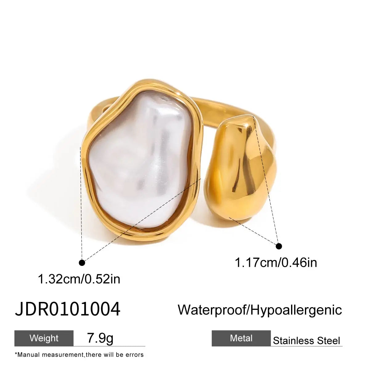KIKA Simple and Elegant 18K Gold Color PVD Plated Stainless Steel 316L Baroque Shaped Pearl Asymmetric Ring Stackable Pearl