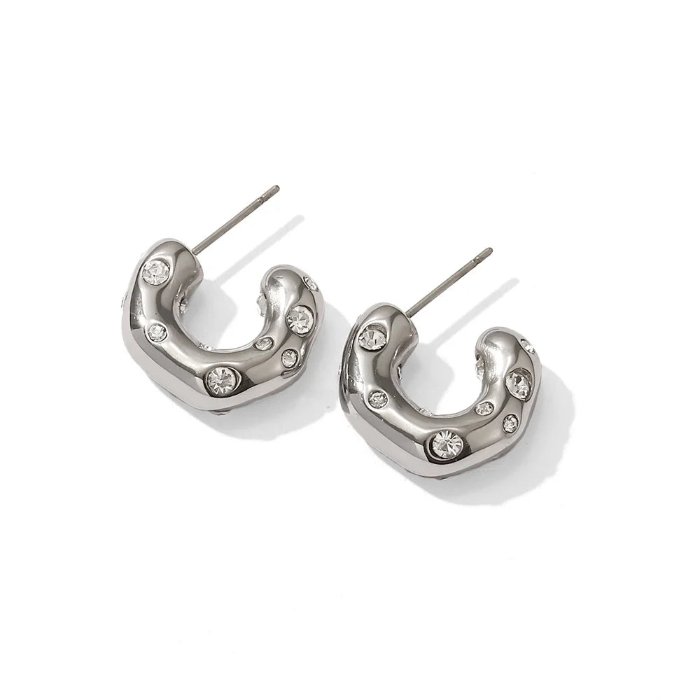 KIKA Shaped Hammer Shiny Zircon CC Shape Hoop Earrings For Women 18K Gold PVD Plated Stainless Steel 316L
