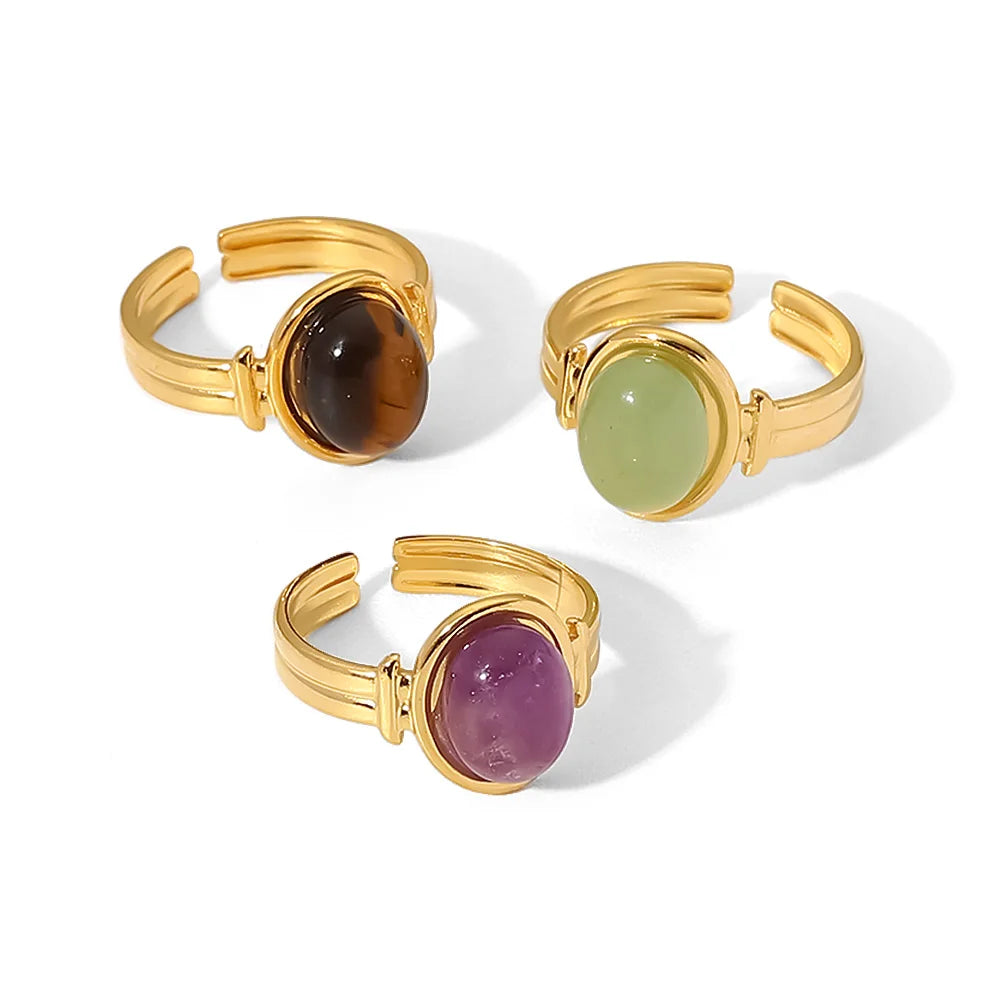 Kika Water Proof Stainless Steel Natural Amethyst Stone Circle Cutout Open Ring for Women 2022 Charm Fashion Jewelry Gift
