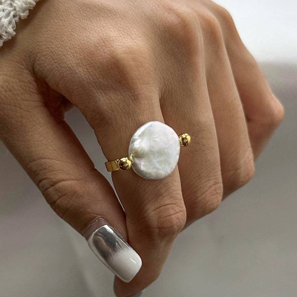 Kika Natural Freshwater Baroque Pearl Minimalist Adjustable Ring Stainless Steel Jewelry Anniversary Gift for Mom Lover Her