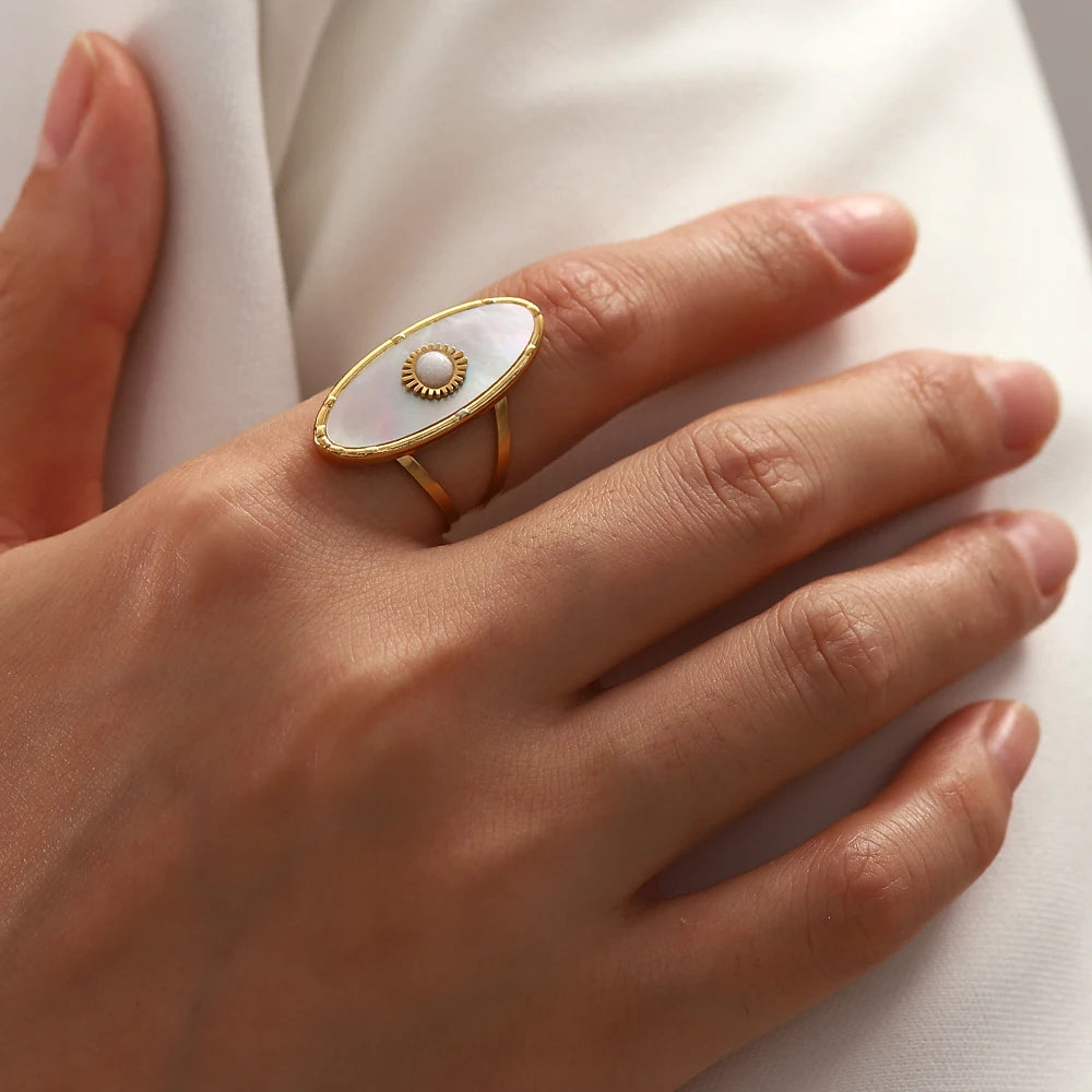 Kika Vintage Oval Round Natural Shell Pearl 18K PVD Gold Plated Stainless Steel Opening Rings Women Jewelry Anillos Mujer