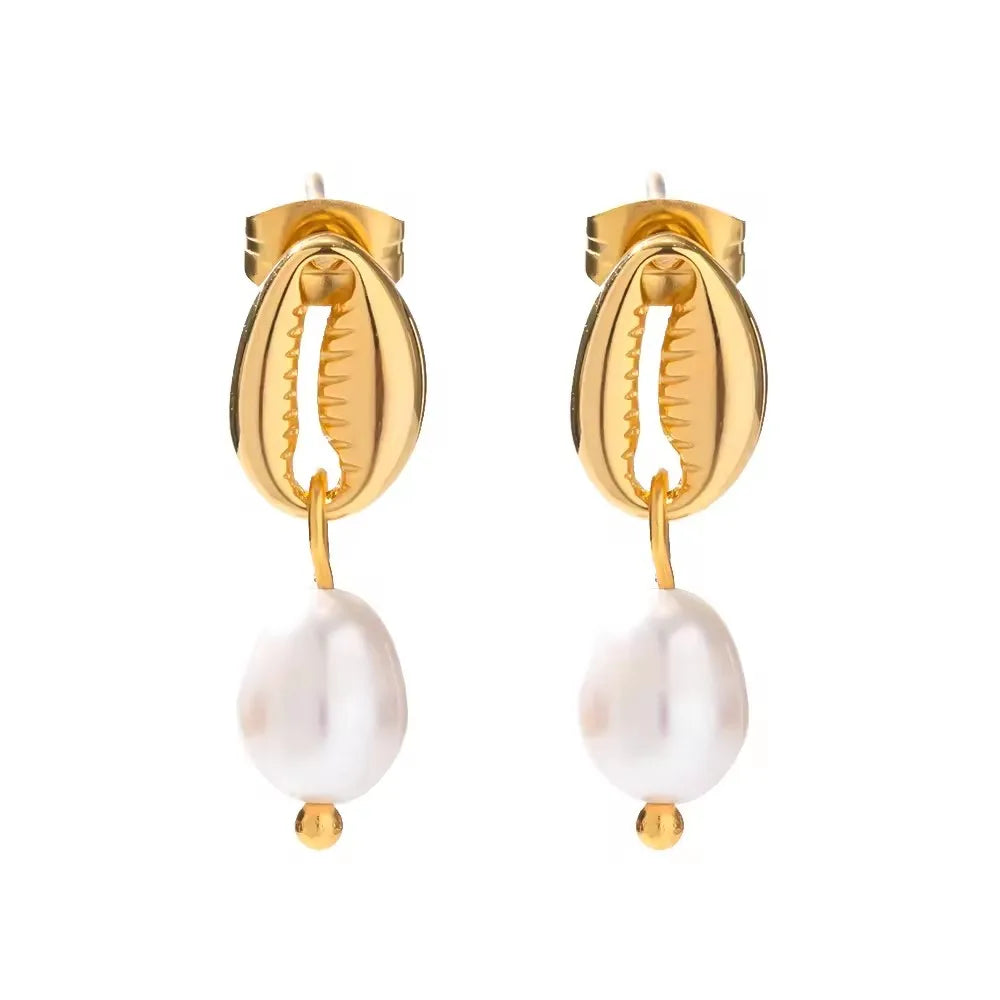 KIKA 316L Stainless Steel 316L Natural Pearl Hoop Earrings Trendy Metalic Golden Geometric