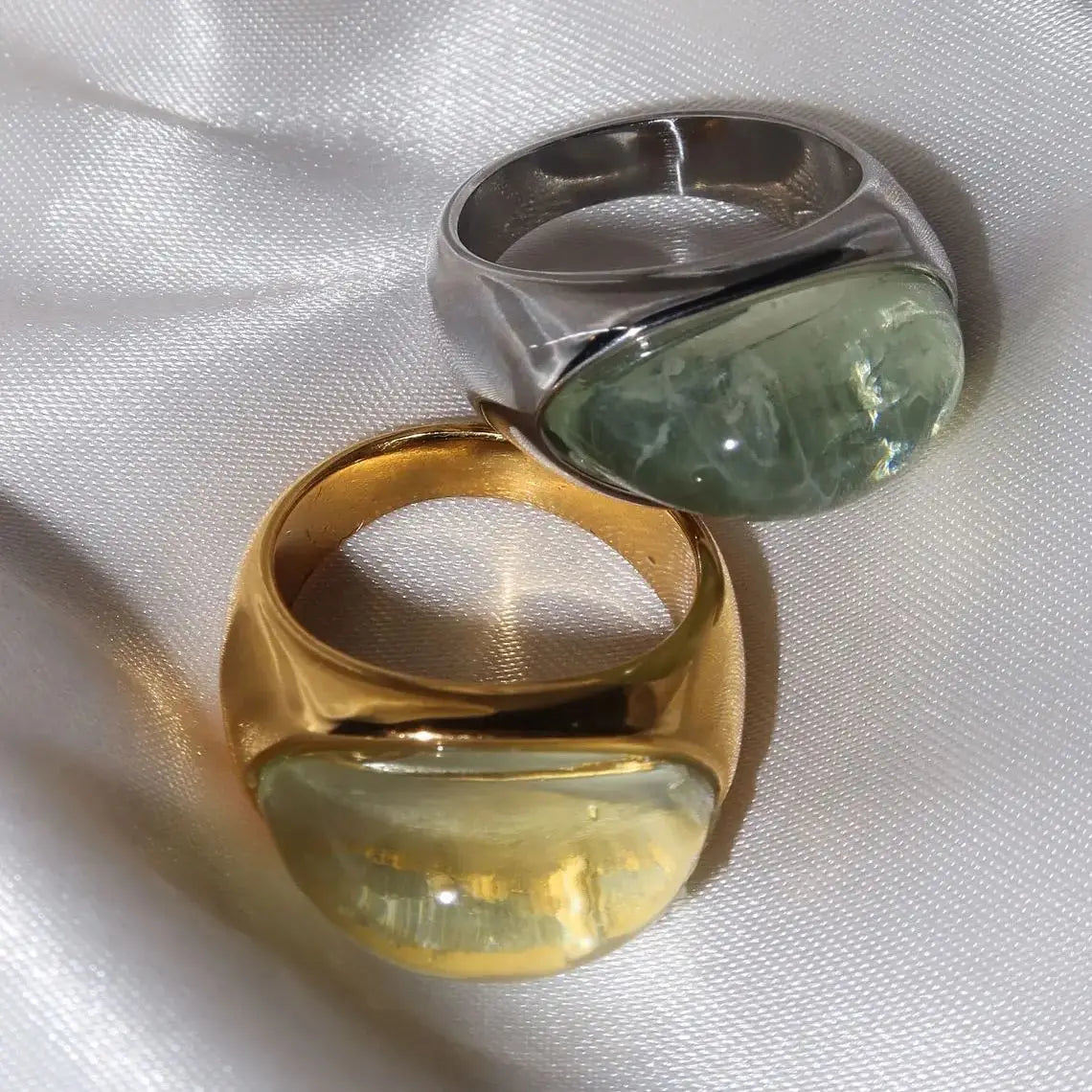 KIKA Unique Natural Stone Green Stainless Steel France Metal Golden  Ring Waterproof Charm Trendy Jewelry Women