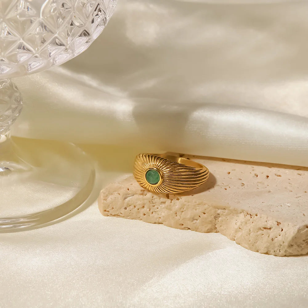 Kika Water Proof Natural Green Stone Opening Ring Stainless Steel