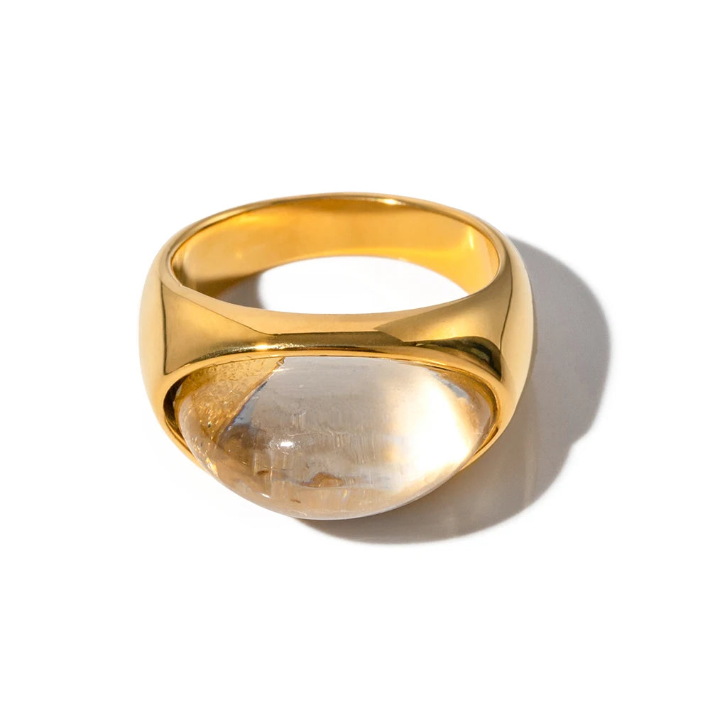 KIKA Unique Natural Stone Green Stainless Steel France Metal Golden  Ring Waterproof Charm Trendy Jewelry Women