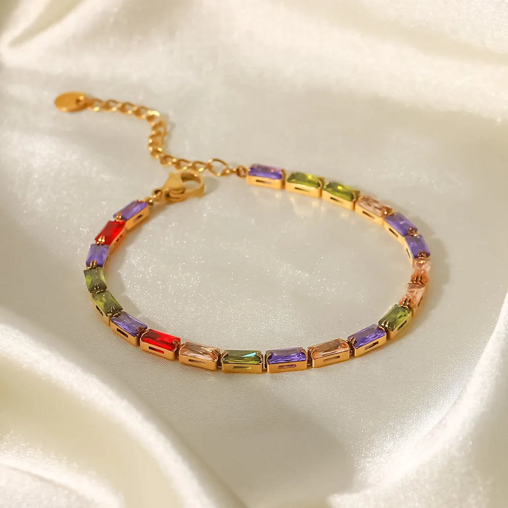 KIKA Delicate 18k Gold Color PVD Plated Multi Colors Cz rhinestone Stainless Steel 316L Dainty Gemstone Bracelets Adjustable