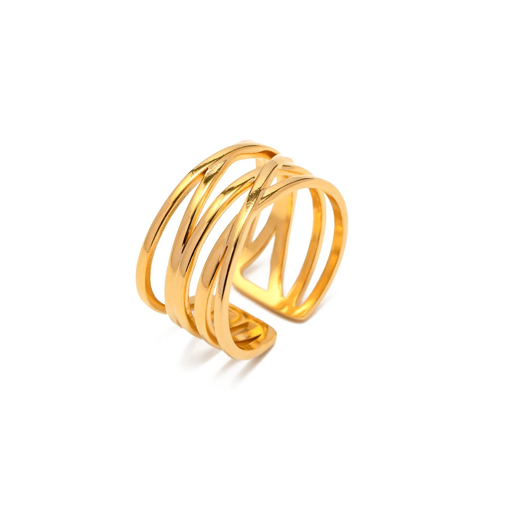 Kika Trendy18K PVD Gold Plated Stainless Steel Mulit Layer Line Wide Hollow Opening Rings Waterproof Jewelry for Women