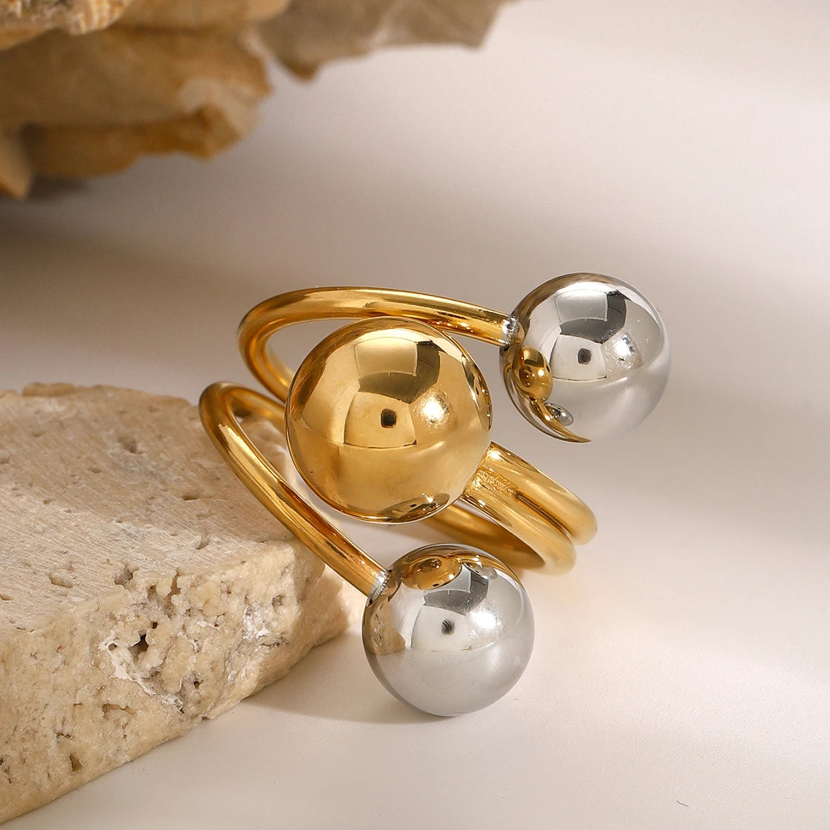 Kika Stainless Steel Ball Adjustable Ring Statement Golden Metal Trendy Finger Ring