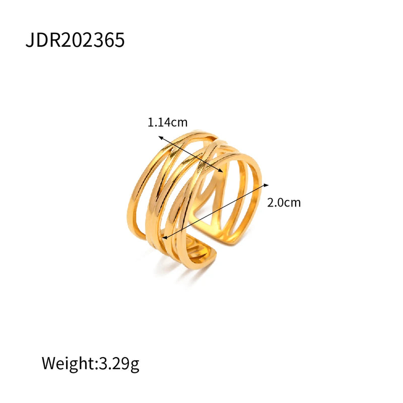 Kika Trendy18K PVD Gold Plated Stainless Steel Mulit Layer Line Wide Hollow Opening Rings Waterproof Jewelry for Women