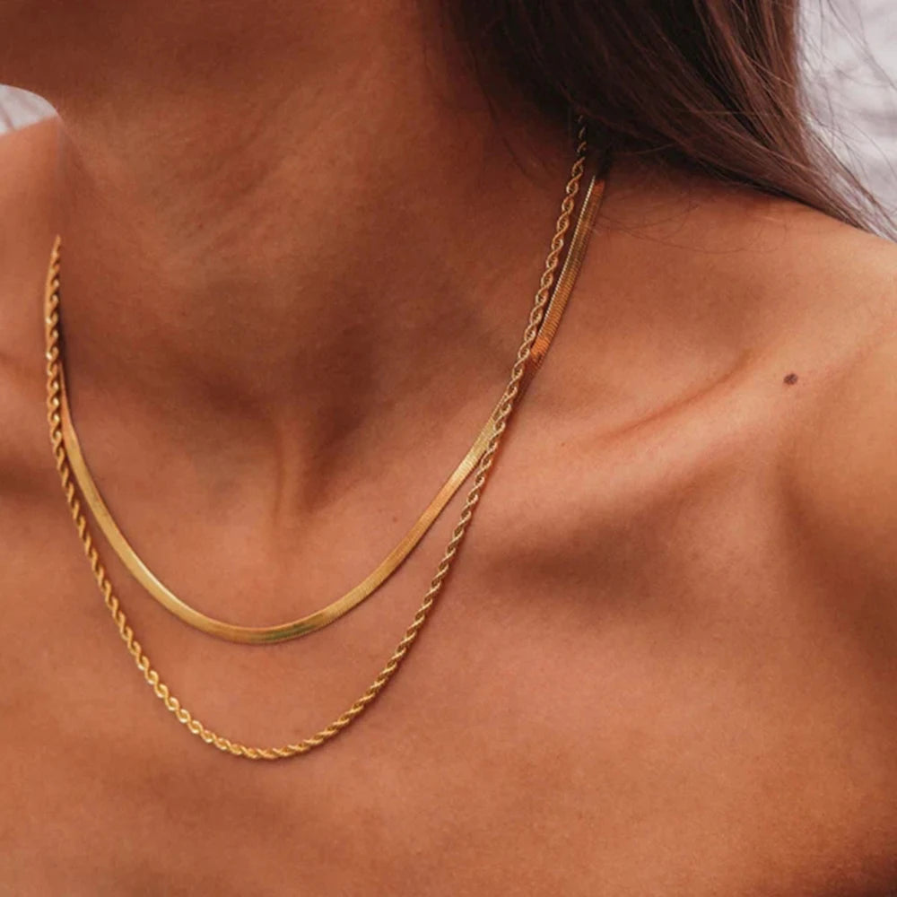 Flat Snake Chain Layer Necklace Stainless Steel Snake Rope Chain