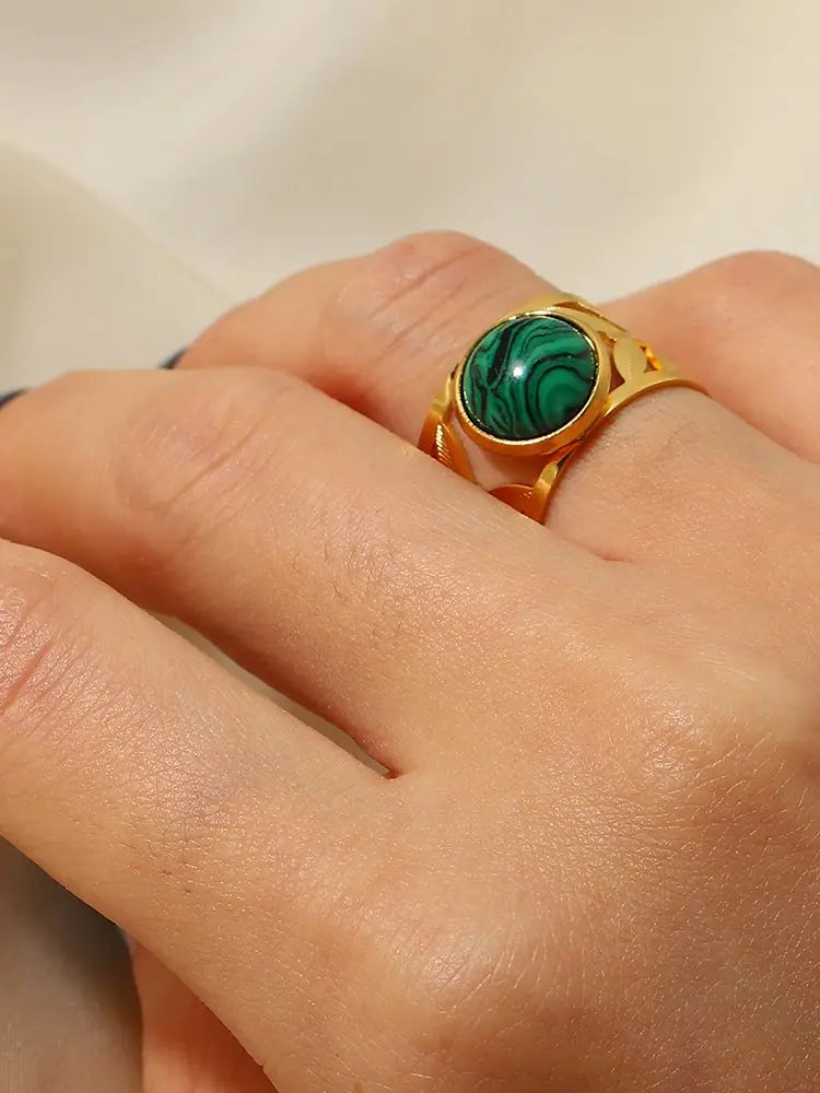 Kika Vintage 18K Gold Malachite Statement Open Ring WaterProof 18k PVD Gold Plated Stainless Steel bague femme acier inoxydabl