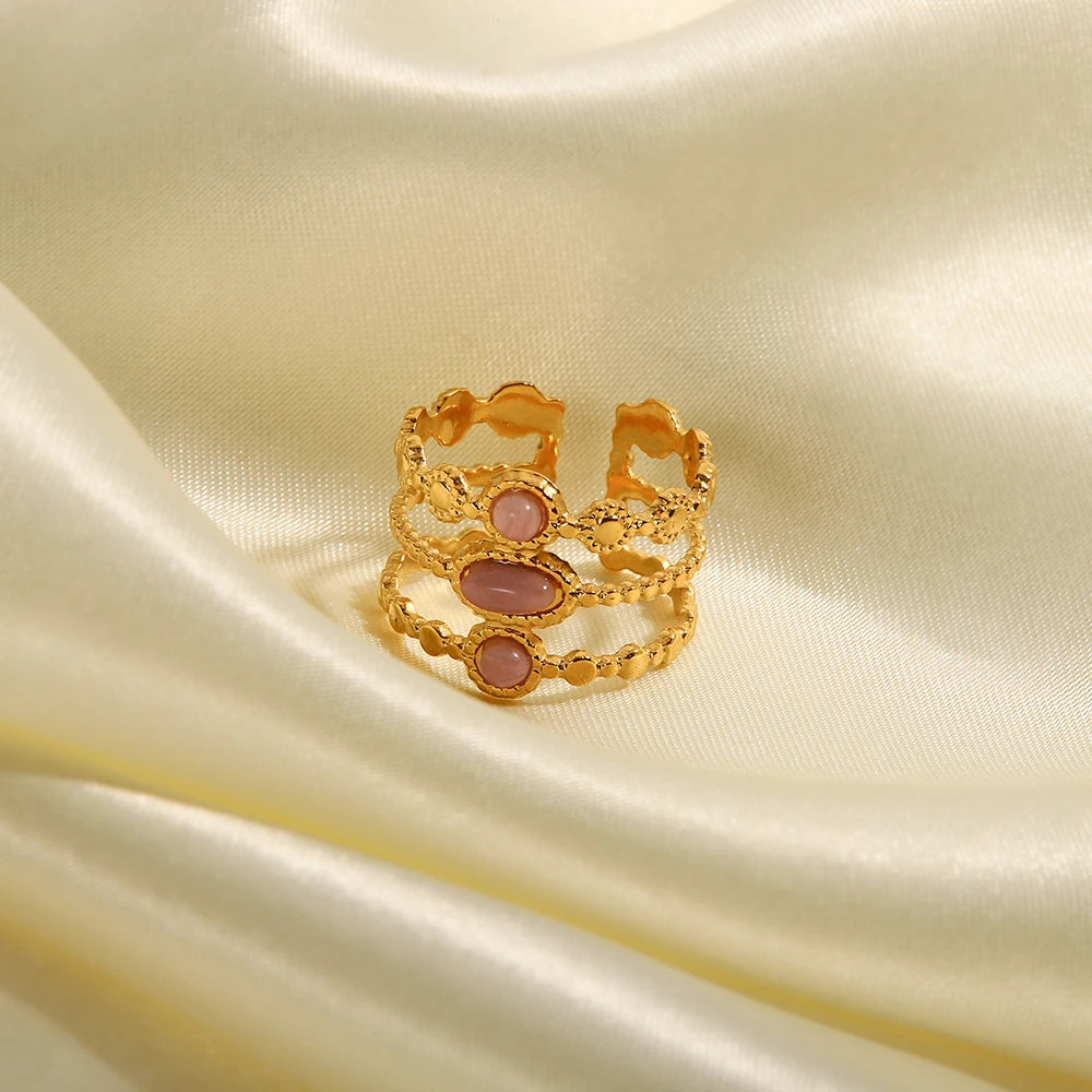 Kika Stainless Steel Gold Plated Three-row Pink Stone Ring