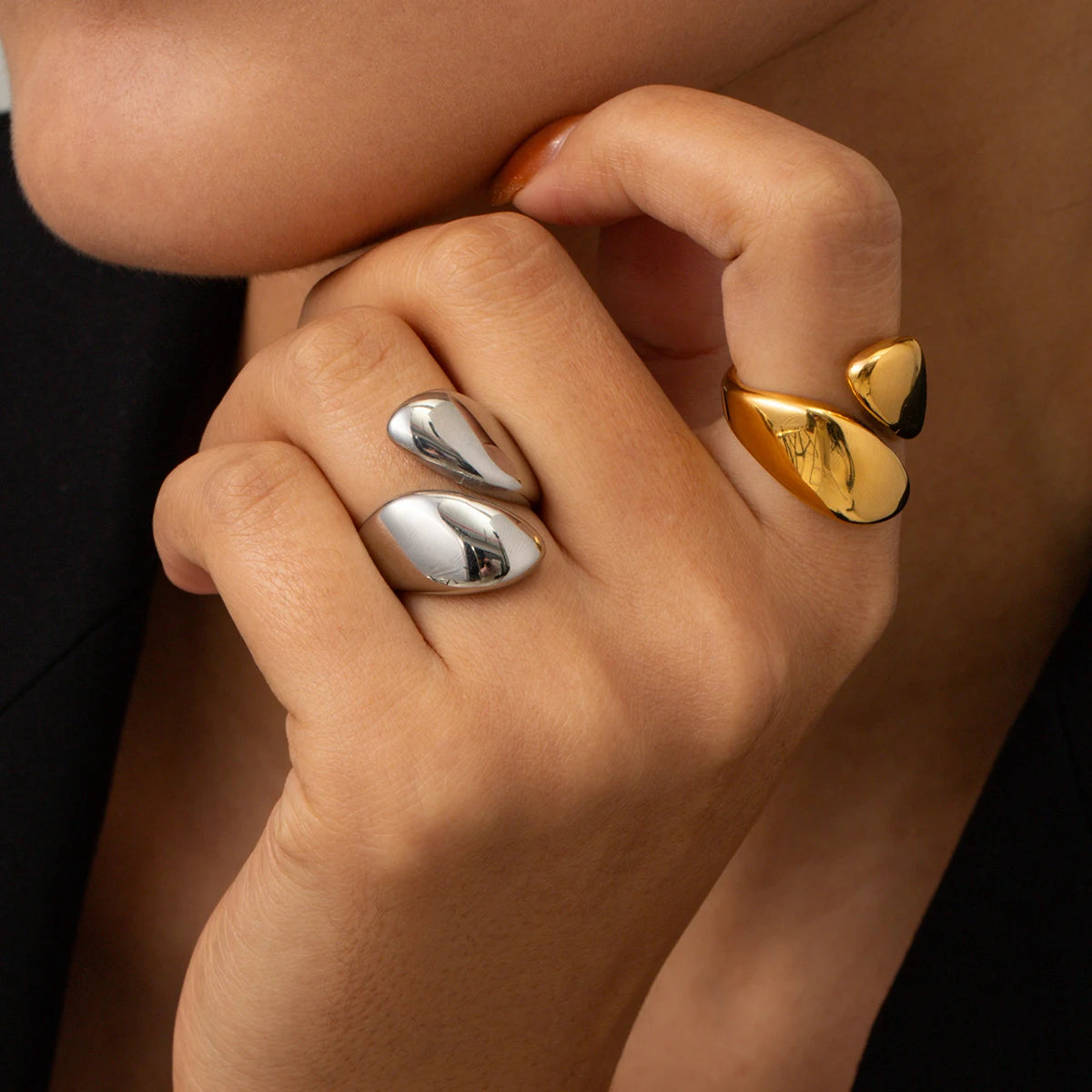 Kika Stainless Steel Glossy Asymmetric Open Ring Ring Statement Metalic Texture 18 K Women Ring Accessories Party Gift New