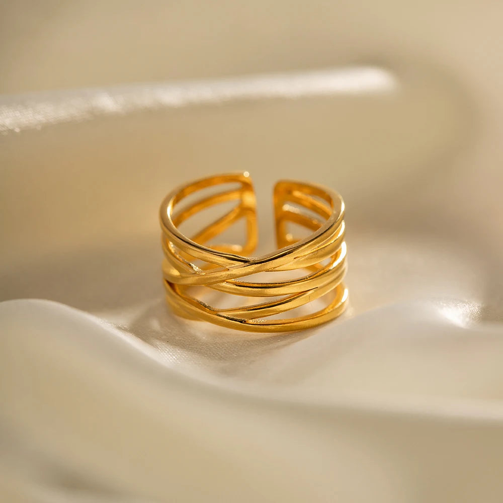 Kika Trendy18K PVD Gold Plated Stainless Steel Mulit Layer Line Wide Hollow Opening Rings Waterproof Jewelry for Women