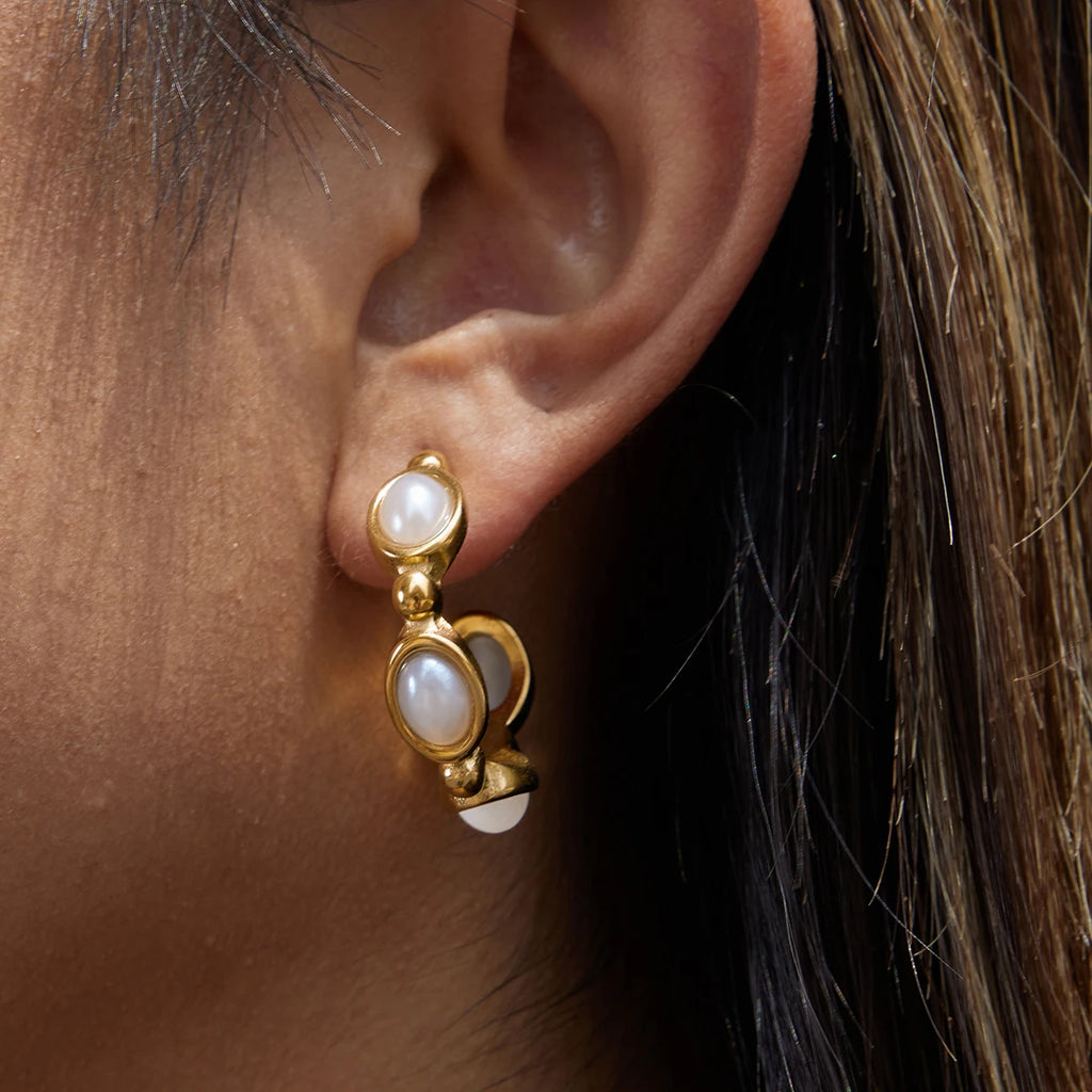 KIKA Classic Trendy 18K Gold Color PVD  Plated Blue Turquoise Pearl C-Shape Earrings Hypoallergenic Stainless Steel 316L