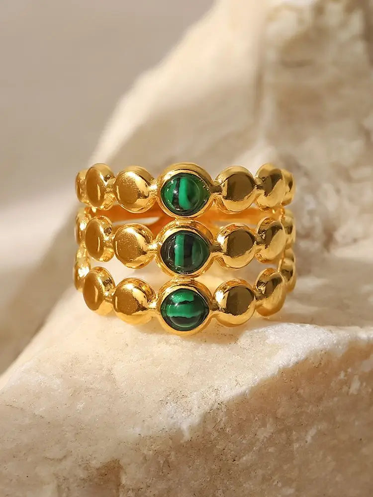 Kika Vintage 18K Gold Malachite Statement Open Ring WaterProof 18k PVD Gold Plated Stainless Steel bague femme acier inoxydabl