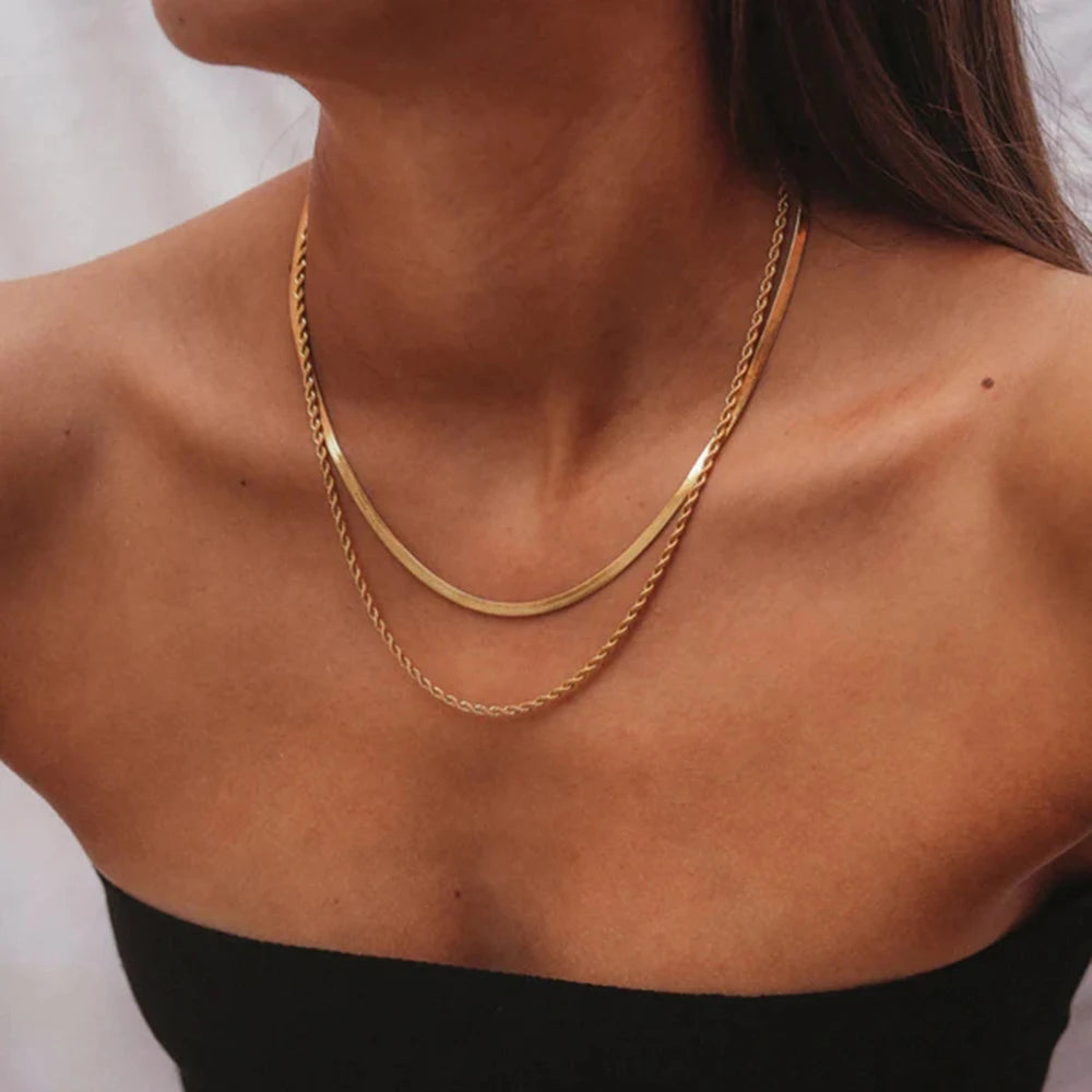 Flat Snake Chain Layer Necklace Stainless Steel Snake Rope Chain