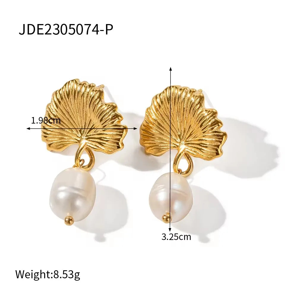KIKA 316L Stainless Steel 316L Natural Pearl Hoop Earrings Trendy Metalic Golden Geometric