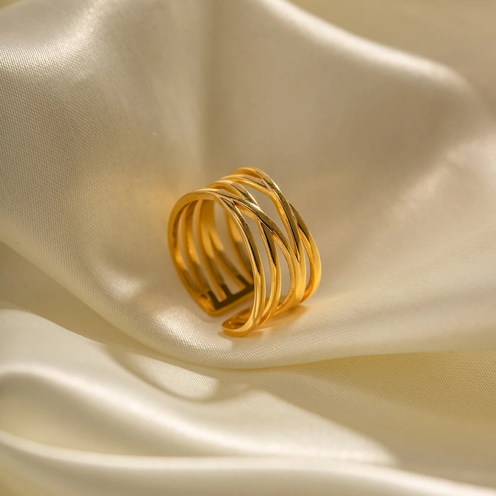 Kika Trendy18K PVD Gold Plated Stainless Steel Mulit Layer Line Wide Hollow Opening Rings Waterproof Jewelry for Women
