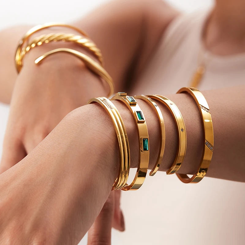 KIKA Simple Statement 18k Gold Color Cuff bracelet Stainless Steel Jewelry Waterproof Opening Cubic Zirconia Bangles For Women