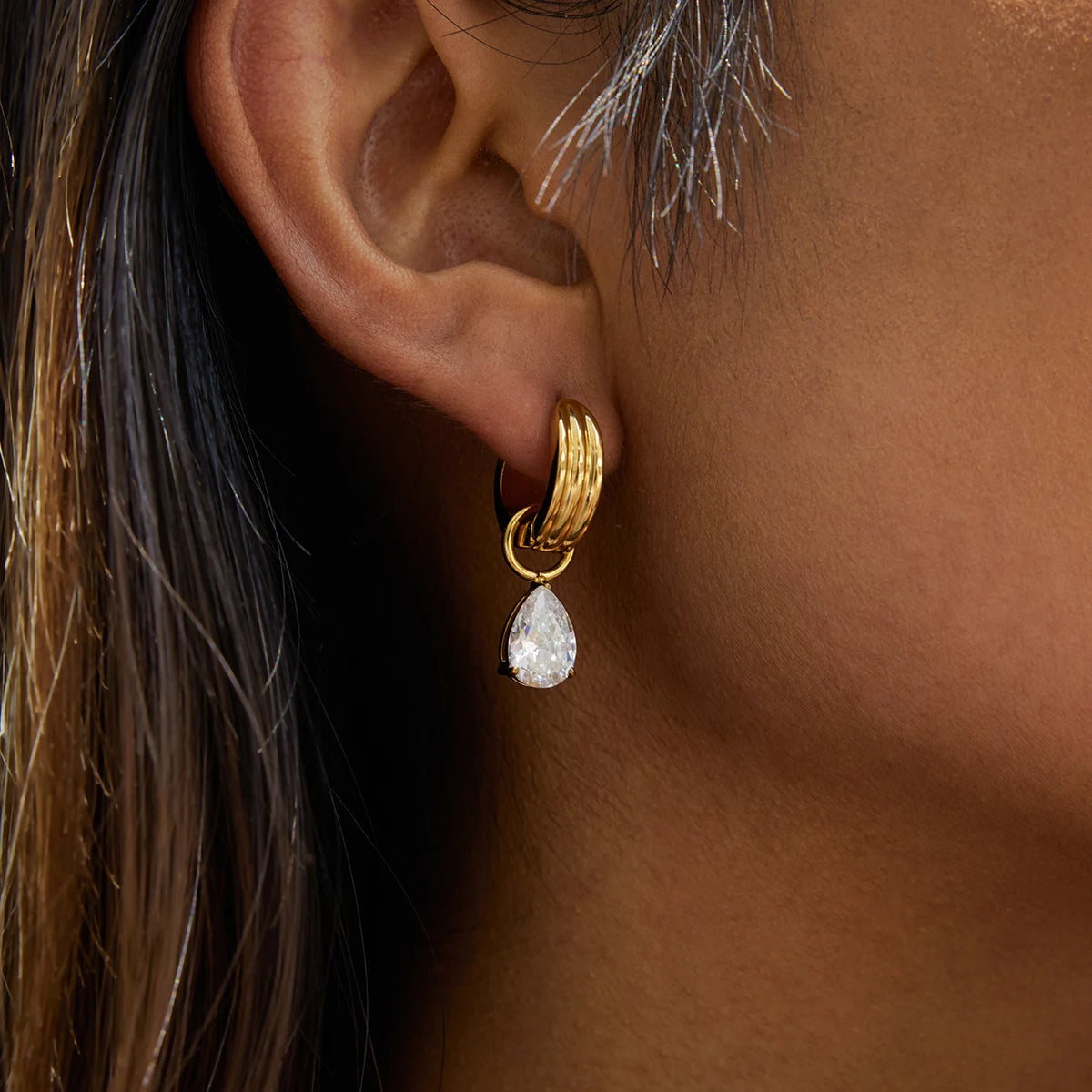 KIKA Trendy Designer 18K Gold Color PVD Plated White Zircon Pendant Earrings Hypoallergenic Waterproof Stainless Steel 316L