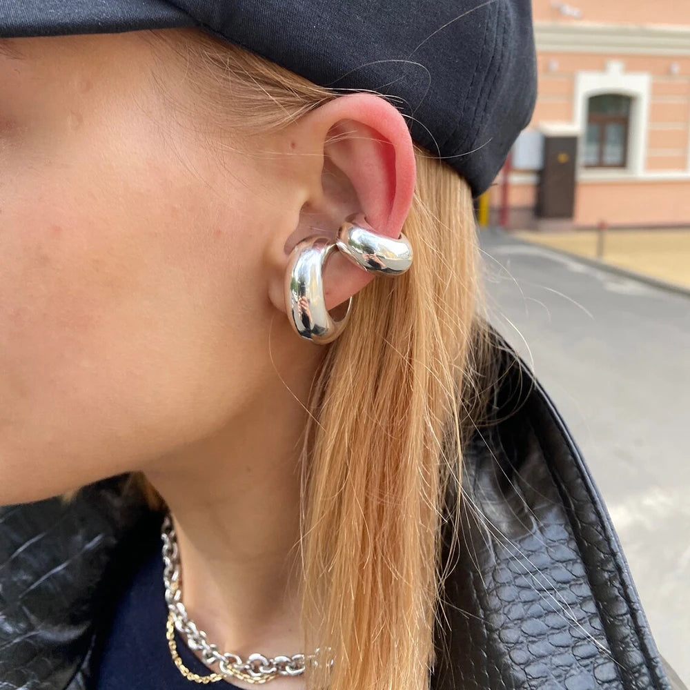 KIKA Stainless Steel 316L Chunky Huggie Hoop Earrings Non Piercing Chunky Ear Cuff Silver Color Hoop Earring