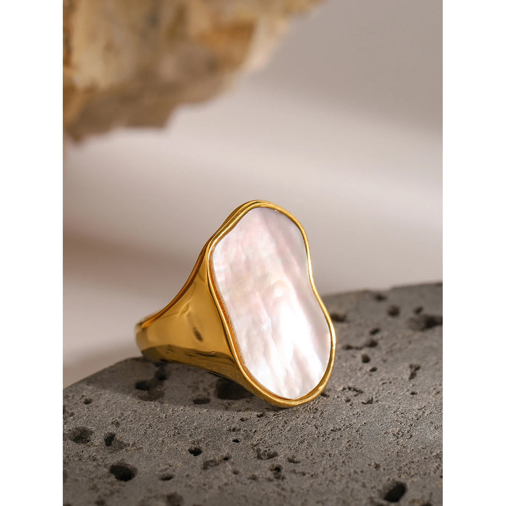 Kika Occident Irregular Natural Shell Vintage Rings for Women Stainless Steel Temperament Exaggeration Metal Ring Jewelry Gift