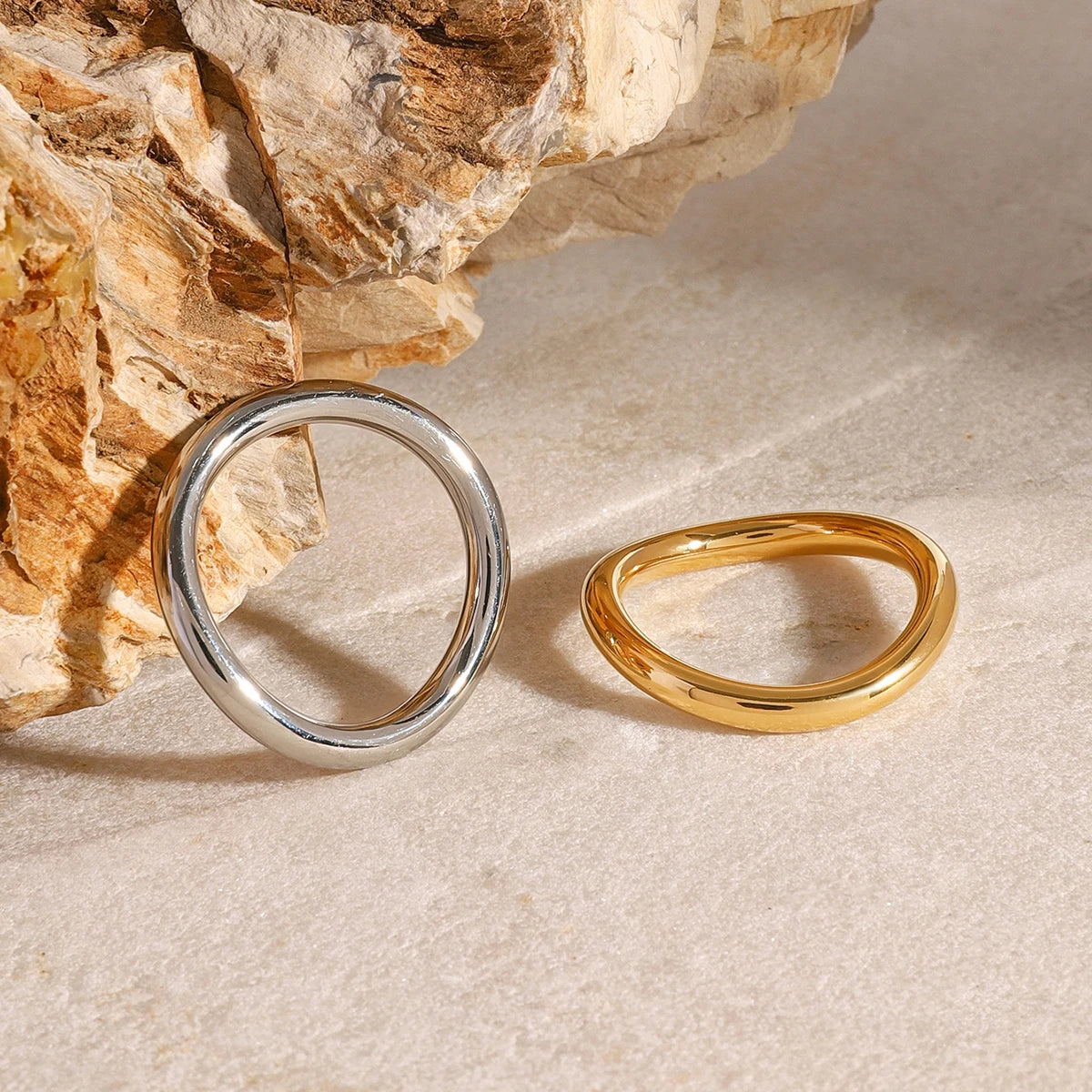 Kika Minimalist Stainless Steel Silver Gold Color Mixed Matching Smooth Wave Ring Set Prevent Allergy Statement Fashion Jewelr