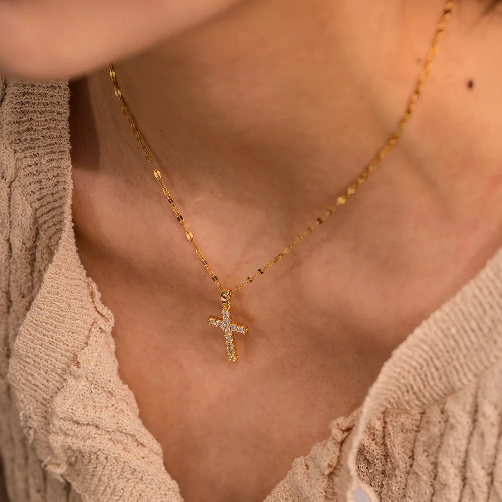 Kika Delicate Shiny Cubic Zirconia 316L Cross Pendant Necklace