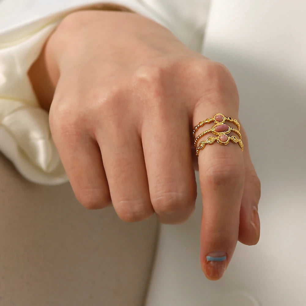 Kika Stainless Steel Gold Plated Three-row Pink Stone Ring