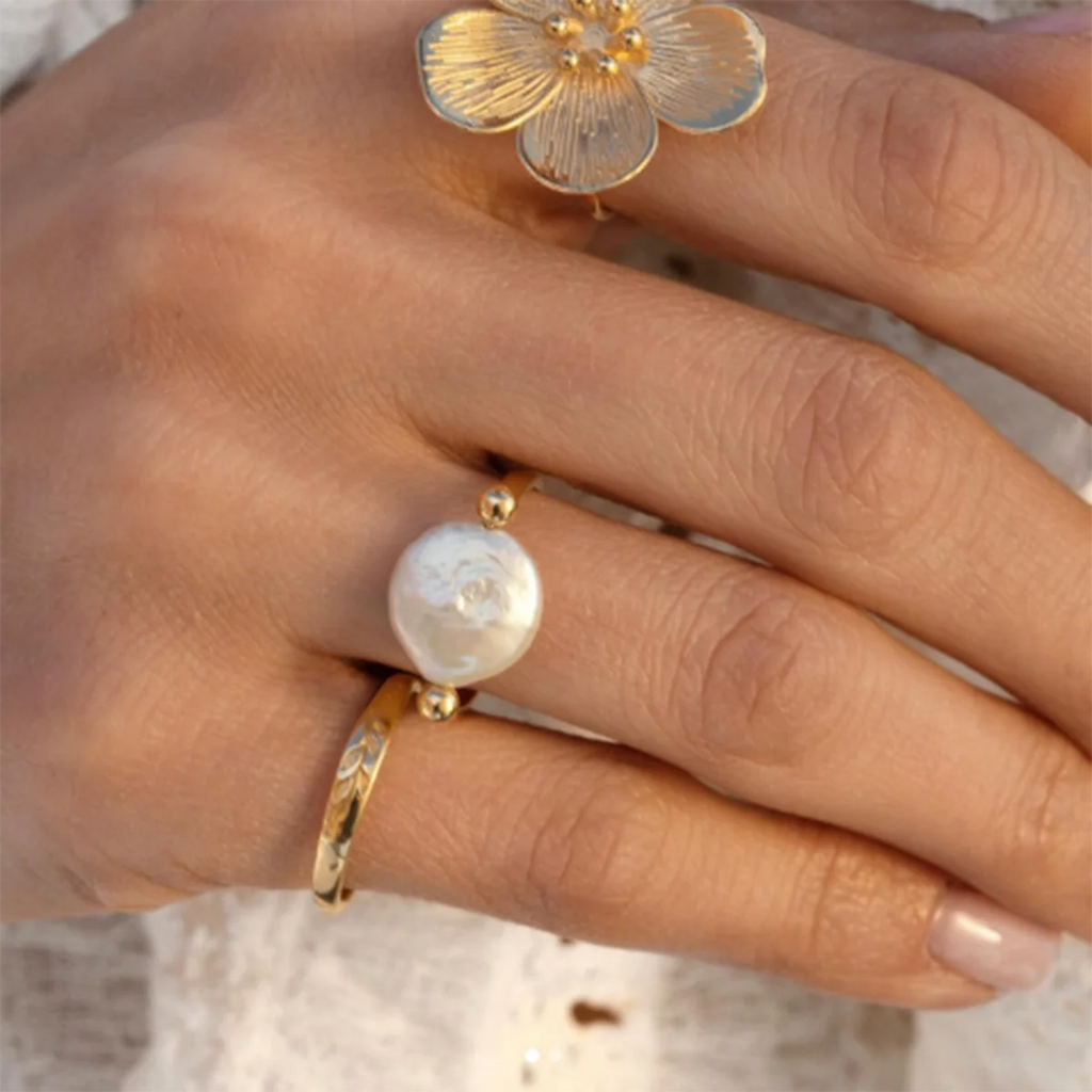 Kika Natural Freshwater Baroque Pearl Minimalist Adjustable Ring Stainless Steel Jewelry Anniversary Gift for Mom Lover Her