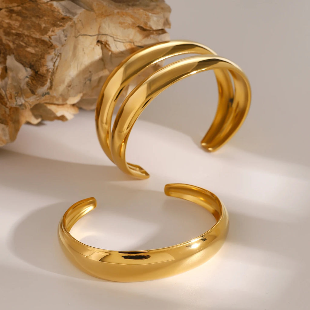 KIKA Stainless Steel Statement Gold Color Cuff Bracelet Bangle Metal Texture Multi-Layer Temperament Fashion Waterproof Jewelr