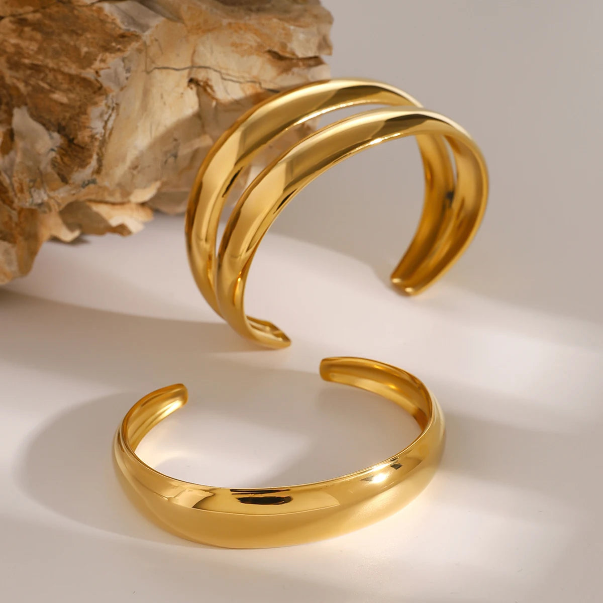 KIKA Stainless Steel Statement Gold Color Cuff Bracelet Bangle Metal Texture Multi-Layer Temperament Fashion Waterproof Jewelr