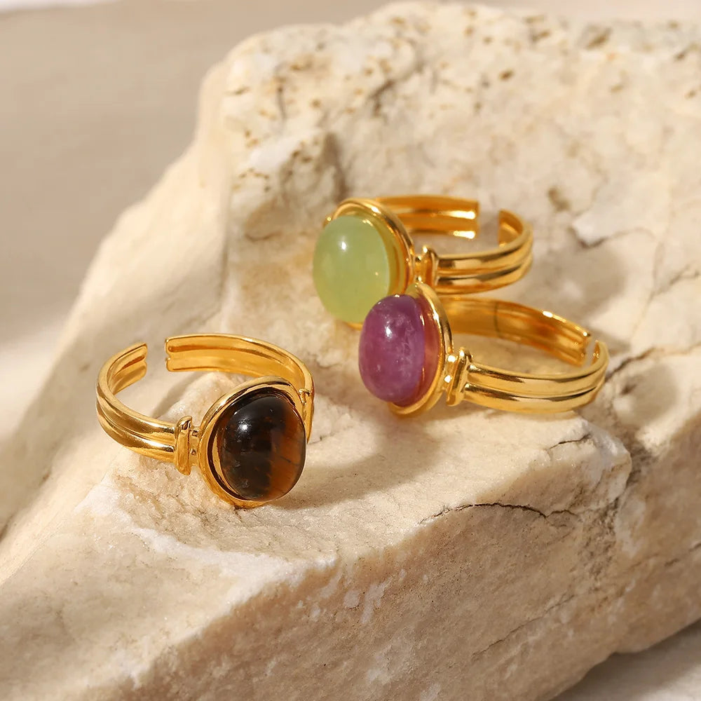 Kika Water Proof Stainless Steel Natural Amethyst Stone Circle Cutout Open Ring for Women 2022 Charm Fashion Jewelry Gift
