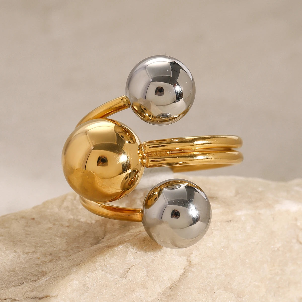 Kika Stainless Steel Ball Adjustable Ring Statement Golden Metal Trendy Finger Ring