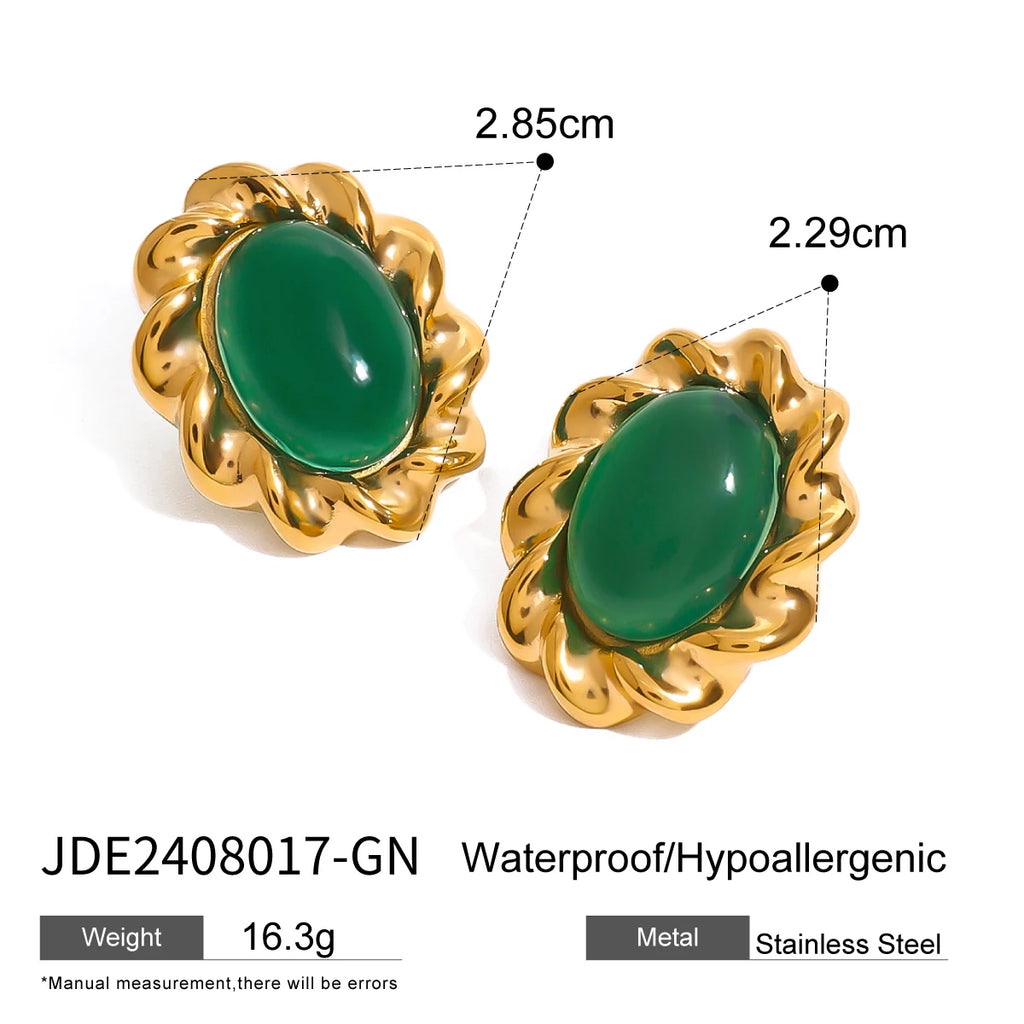 Kika White Zircon Multicolor Agate Stone Stud Earrings 18K Gold Plated Stainless Steel 316L