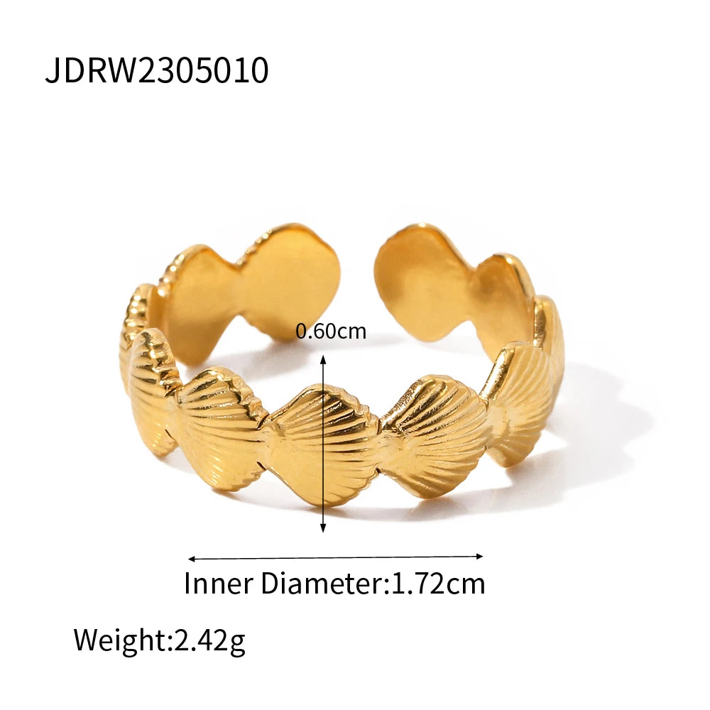 KIKA  Vacation Ocean Wind 18K Gold Color Plated Stainless Steel 316L Hollow Shell Ring Starfish Coral Stackable Ring