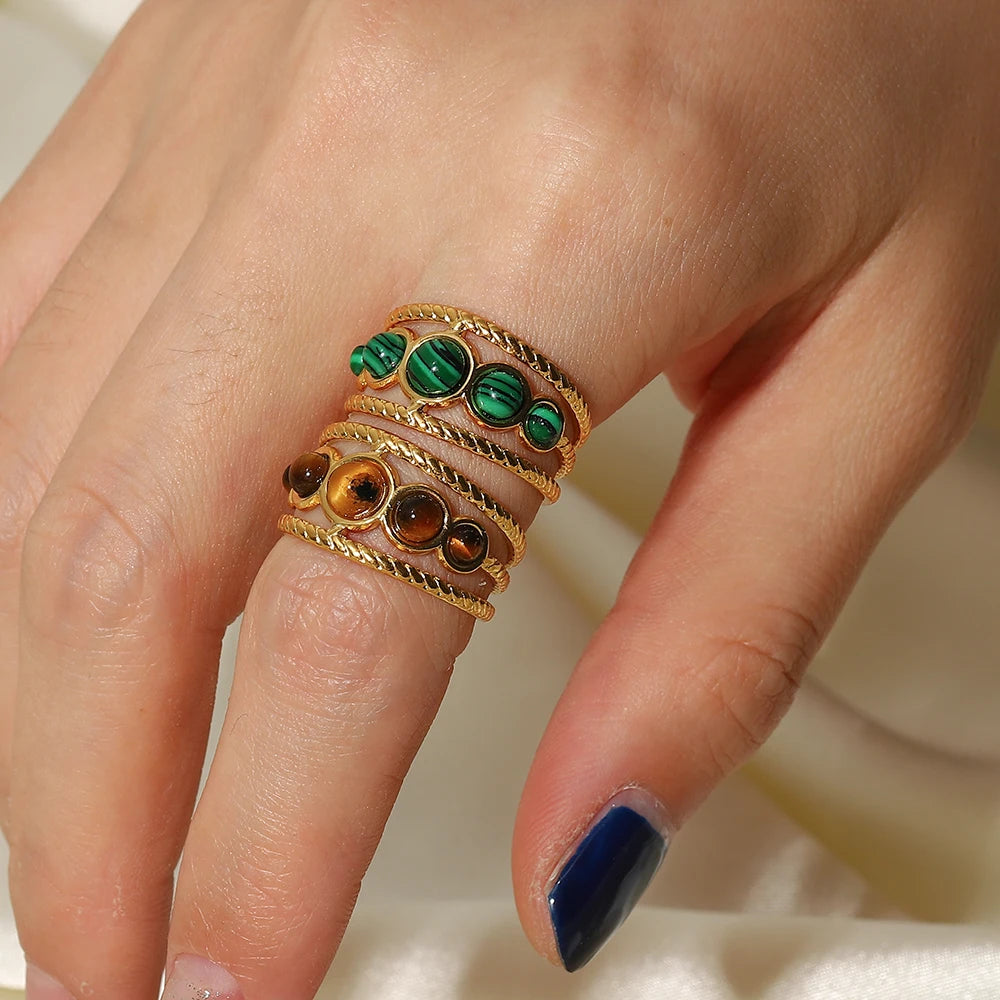 Kika Vintage 18K Gold Malachite Statement Open Ring WaterProof 18k PVD Gold Plated Stainless Steel bague femme acier inoxydabl