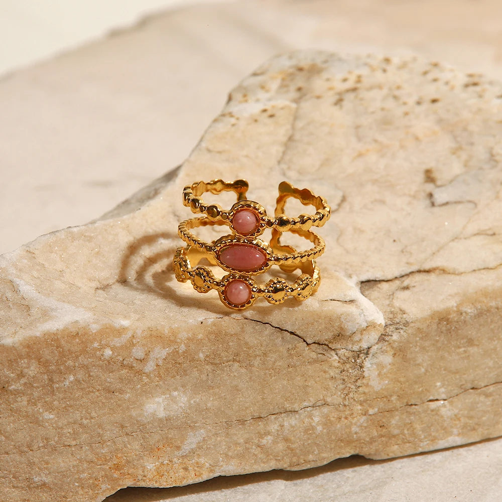 Kika Stainless Steel Gold Plated Three-row Pink Stone Ring