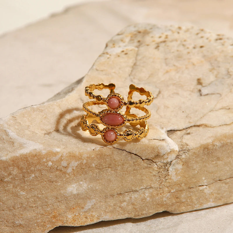 Kika Stainless Steel Gold Plated Three-row Pink Stone Ring