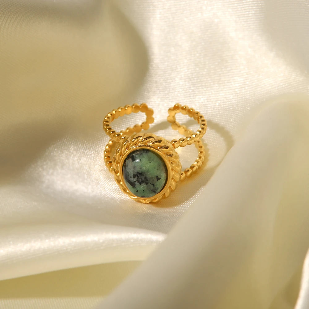 Kika Natural Stone African Turquoise Agate Rope Sun 18K Gold Plated Stainless Steel Opening Rings Anillos Acero Inoxidable