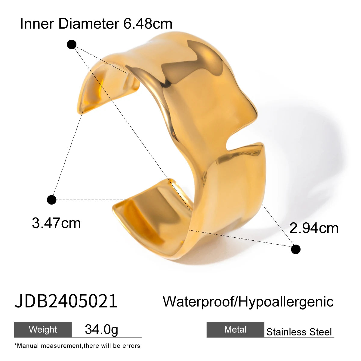 Kika Waterproof 18K Gold Color Stainless Steel Irregular Geometric Open Cuff Bracelet Bangle