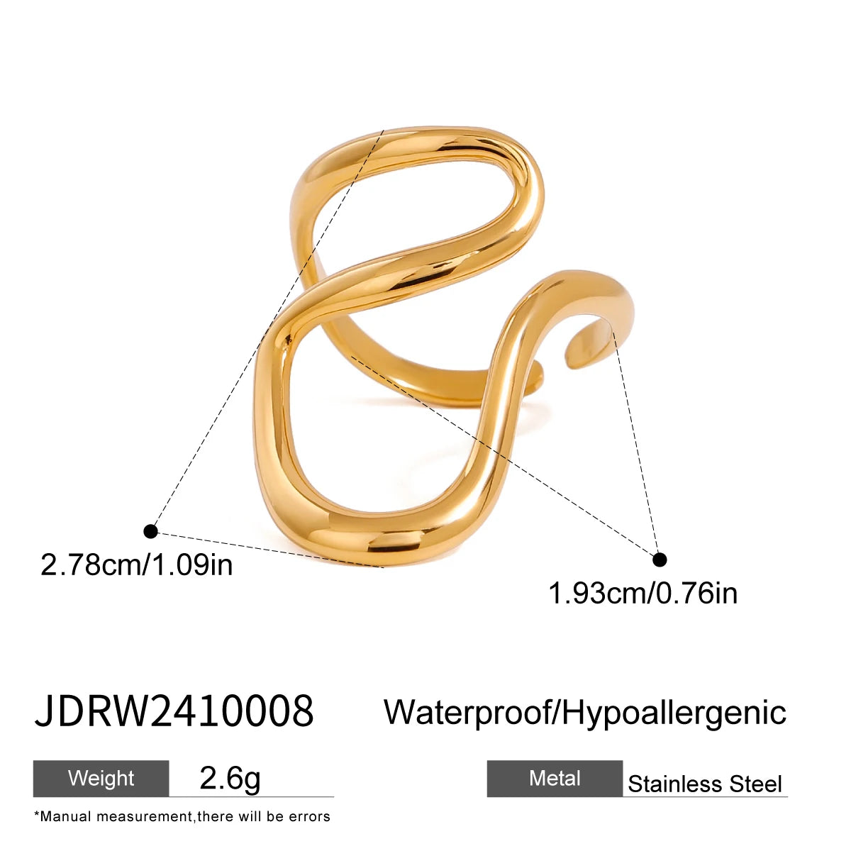 Kika Fashion Stainless Steel Open Ring 18K PVD Plated Smooth Metal Personalized Waterproof Jewelry for Women Gift