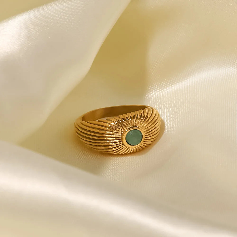 Kika Water Proof Natural Green Stone Opening Ring Stainless Steel