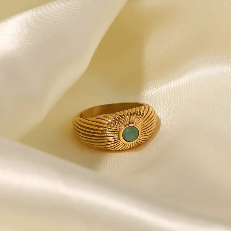 Kika Water Proof Natural Green Stone Opening Ring Stainless Steel