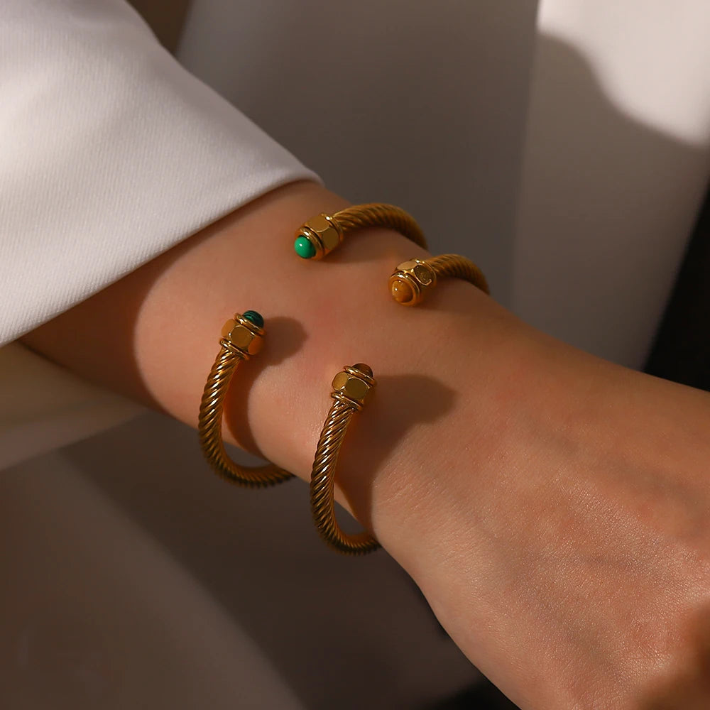 kika New Trendy18k Gold Plated Stainless Steel Jewelry Nature Stone Twist Pave Opening Bangles