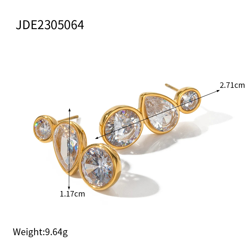 KIKA Bling Cubic Zirconia White Zircon Stud Earrings 18K Gold PVD Plated Stainless Steel 316L
