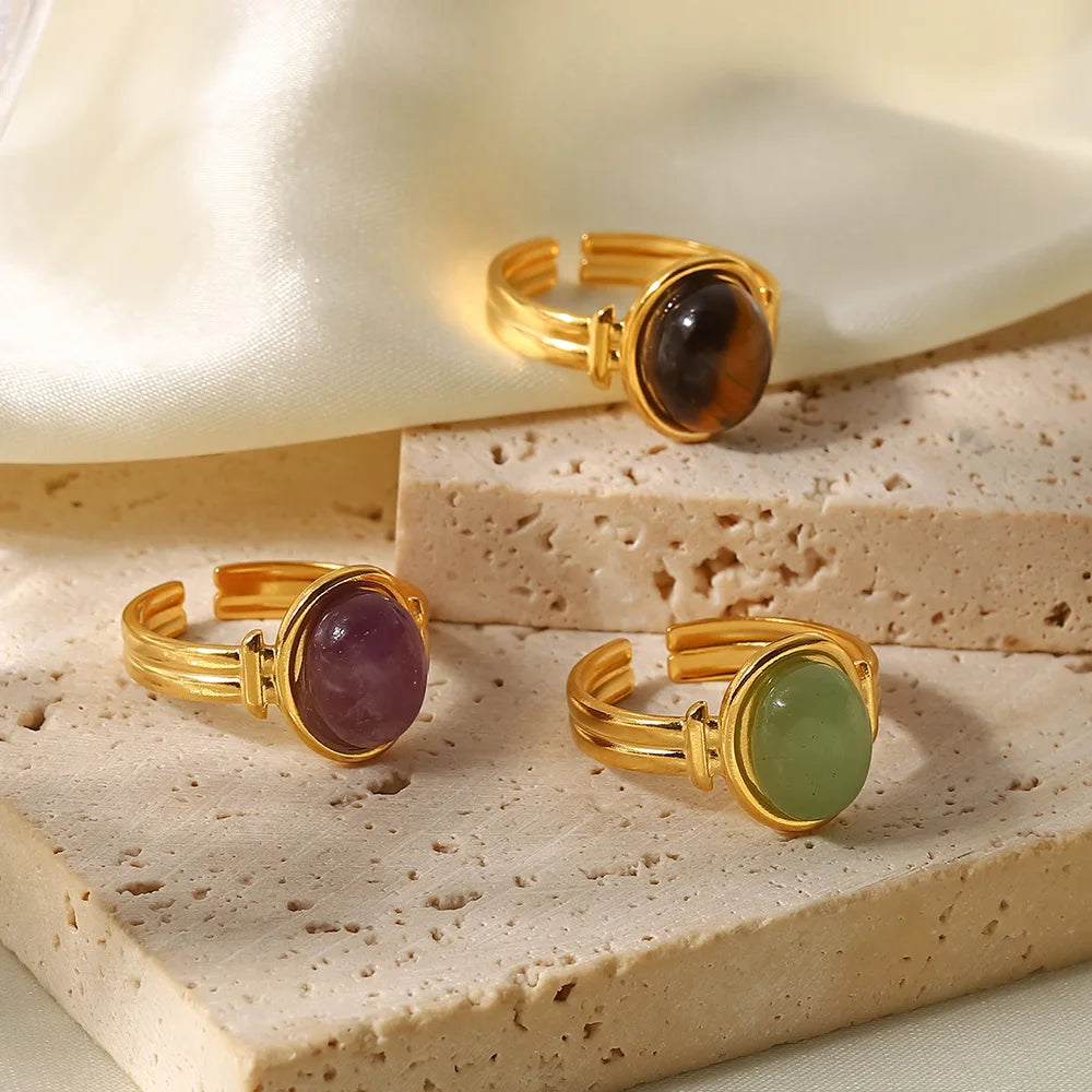 Kika Water Proof Stainless Steel Natural Amethyst Stone Circle Cutout Open Ring for Women 2022 Charm Fashion Jewelry Gift