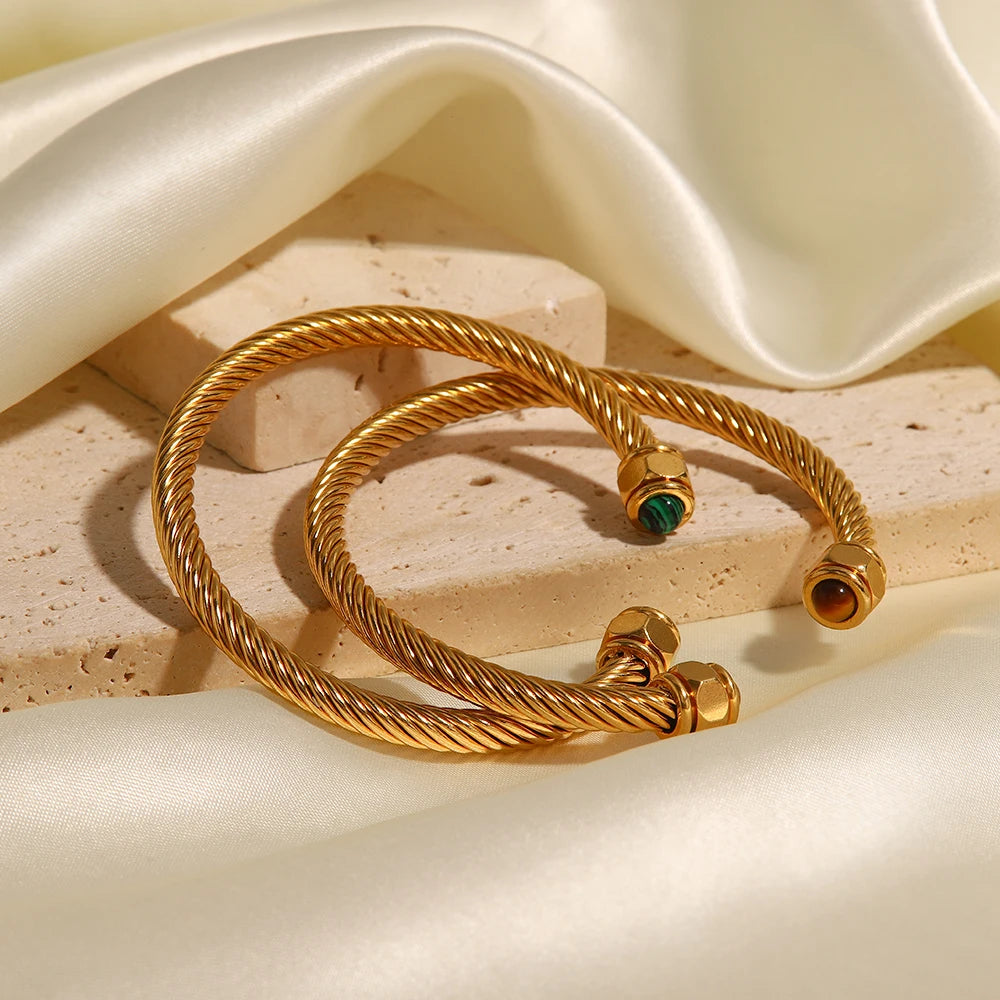 kika New Trendy18k Gold Plated Stainless Steel Jewelry Nature Stone Twist Pave Opening Bangles