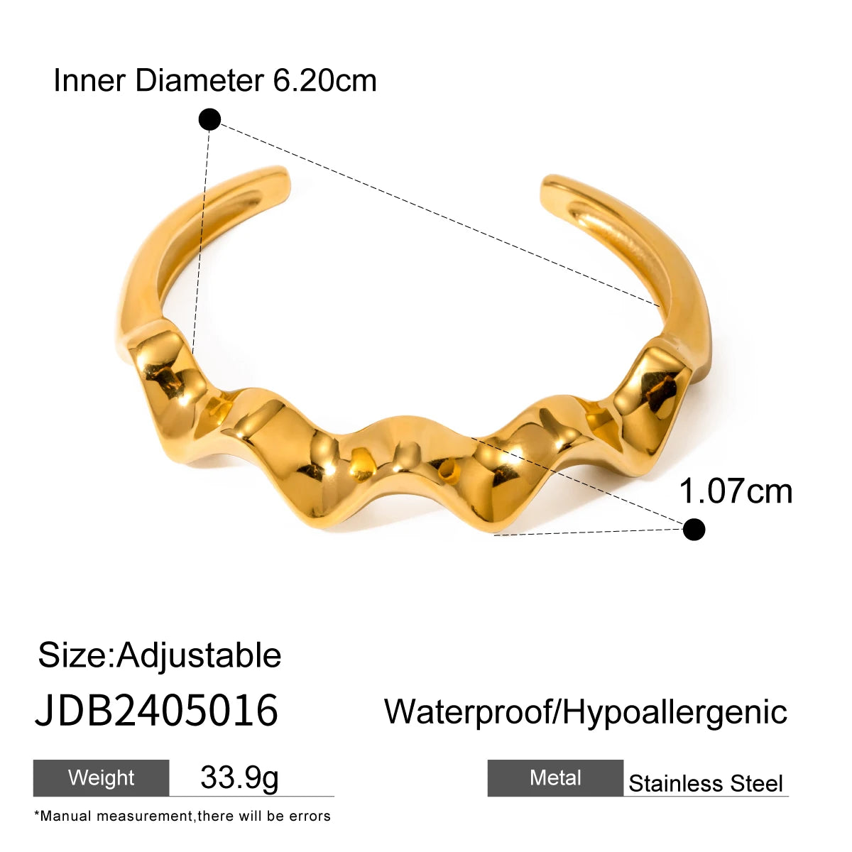 KIKAWaterproof 316L Stainless Steel Metal Wide Cuff Bracelet Bangle Jewelry Fashion Texture 18K PVD Plated Temperament Bijoux